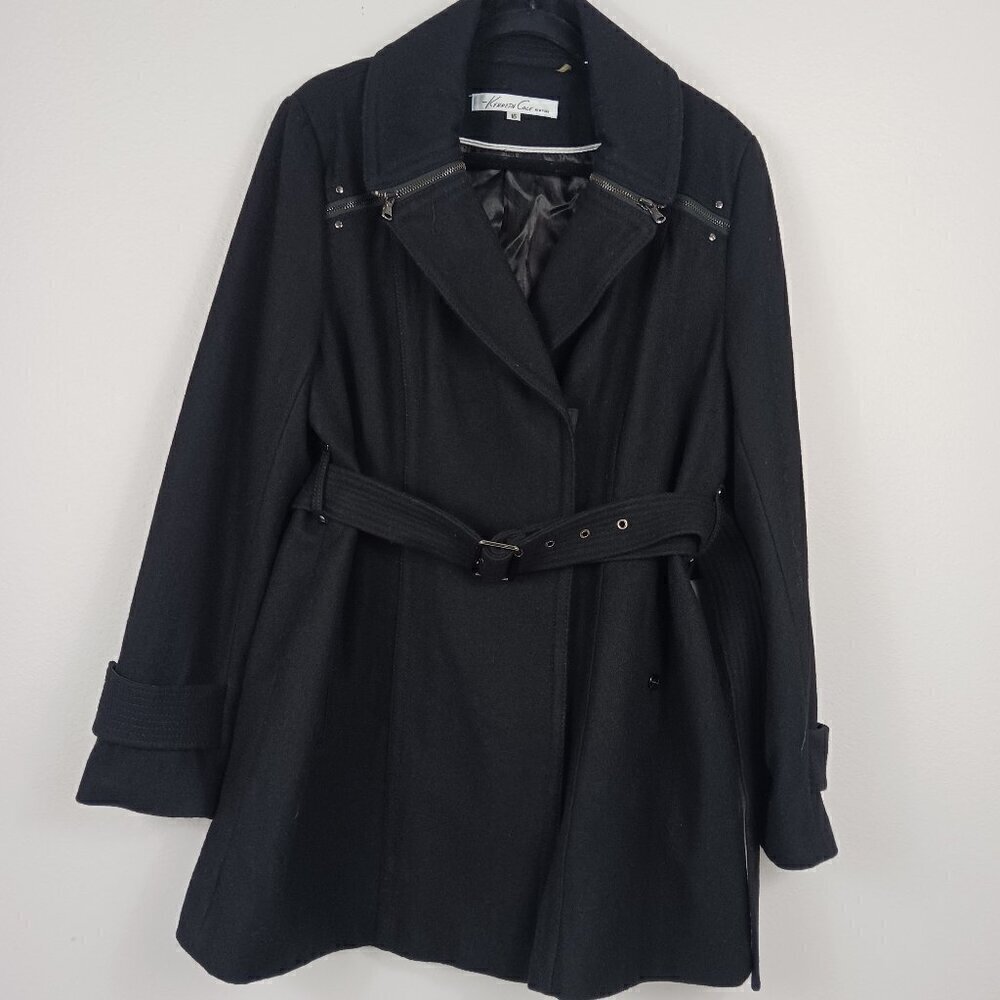 KENNETH COLE black coat women's size 16 wool zipper mid length
